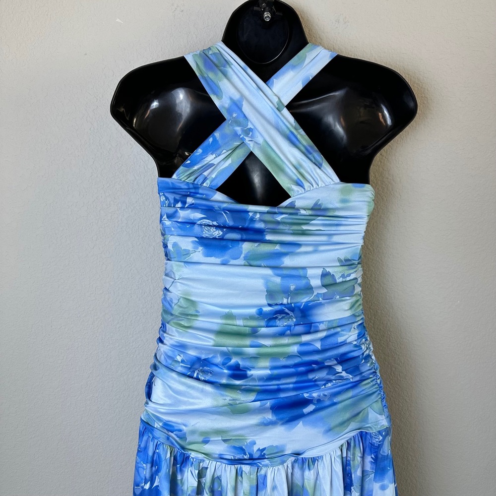 Free People Raylon Midi Dress Blue Floral Ruched Convertible Halter OB2143909 S - Picture 8 of 14